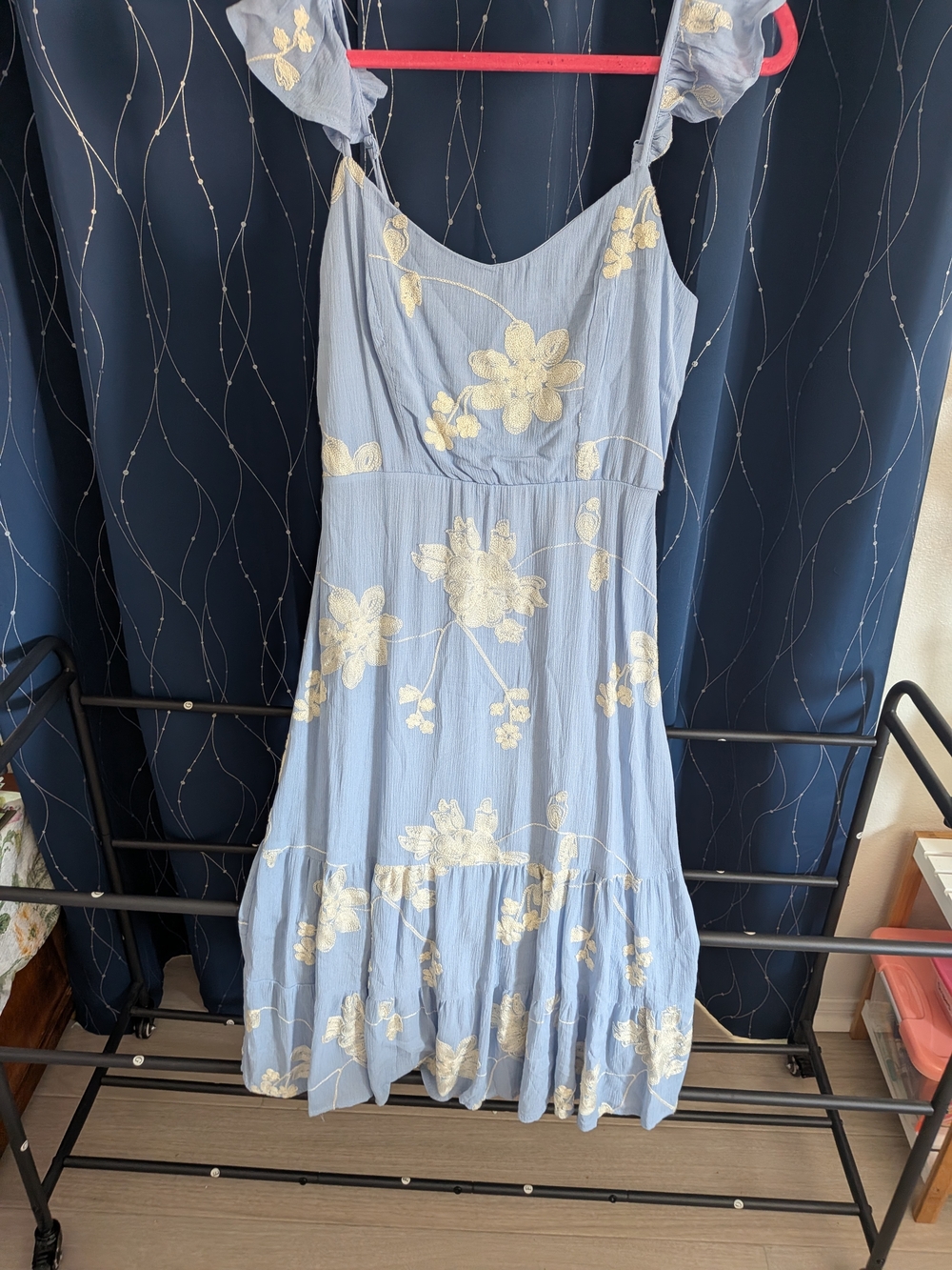 Lily Rose Light Blue Midi Dress with Cream Floral Embroidery